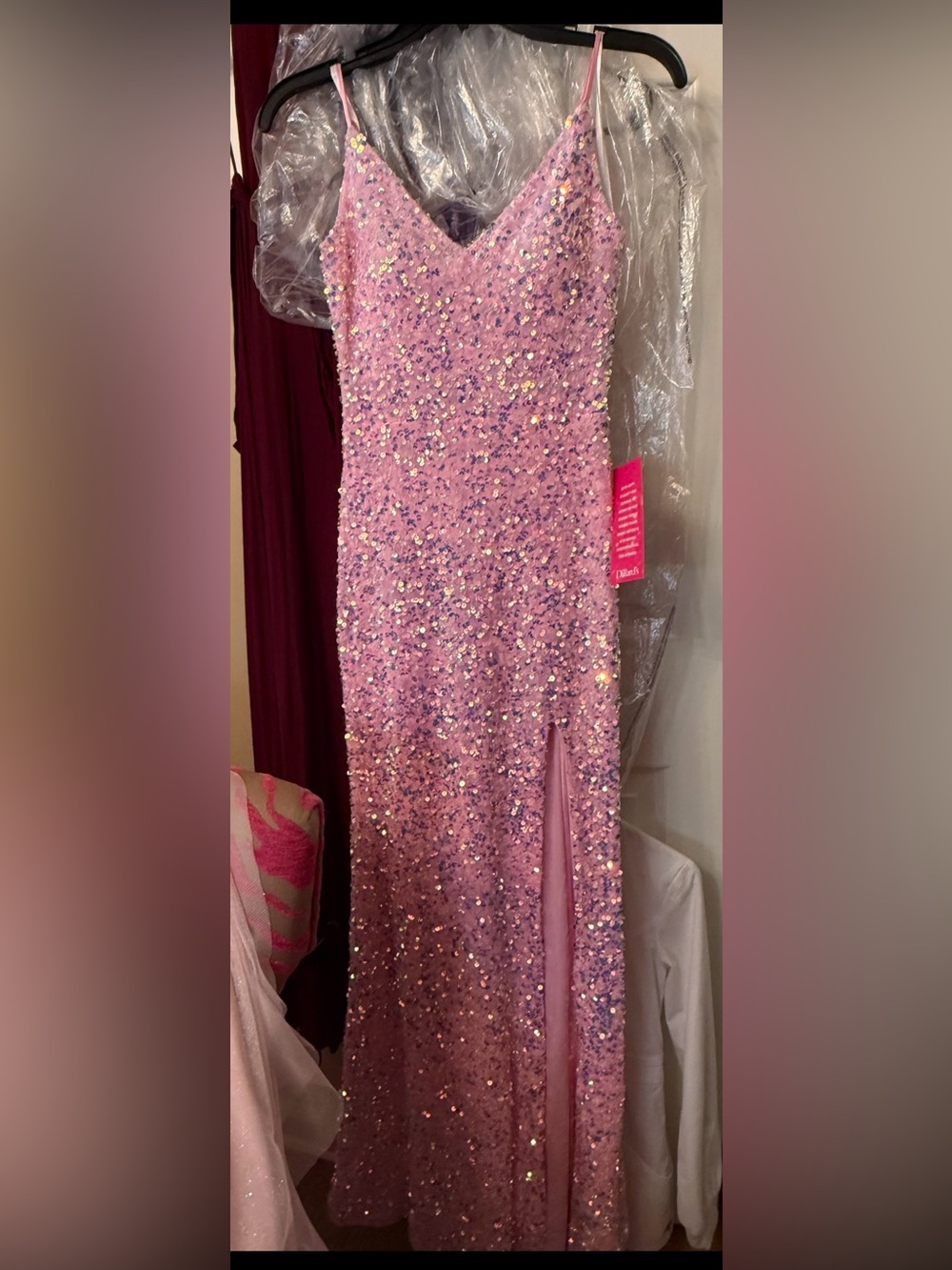 Teen Pink Sequin Spaghetti Strap homecoming/prom dress